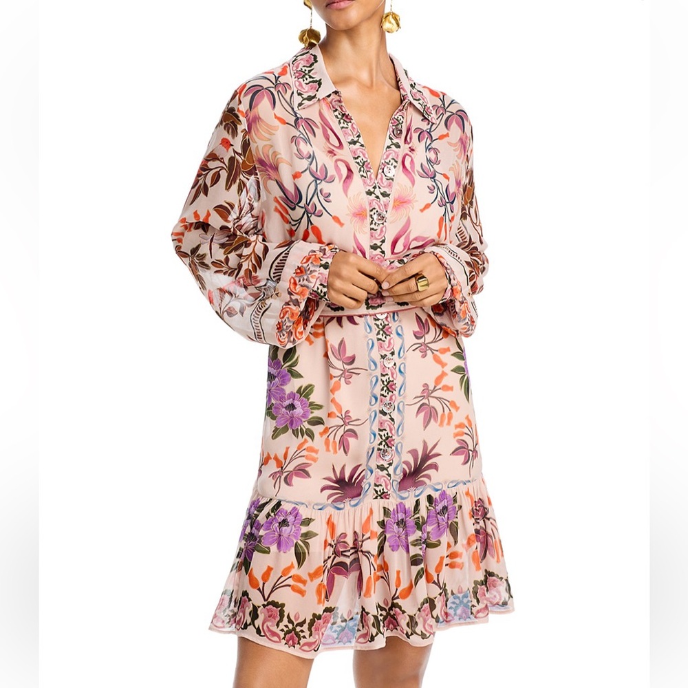 NWT Farm Rio Winter Garden Floral petal pink Shirt Dress XS vacation resort wear